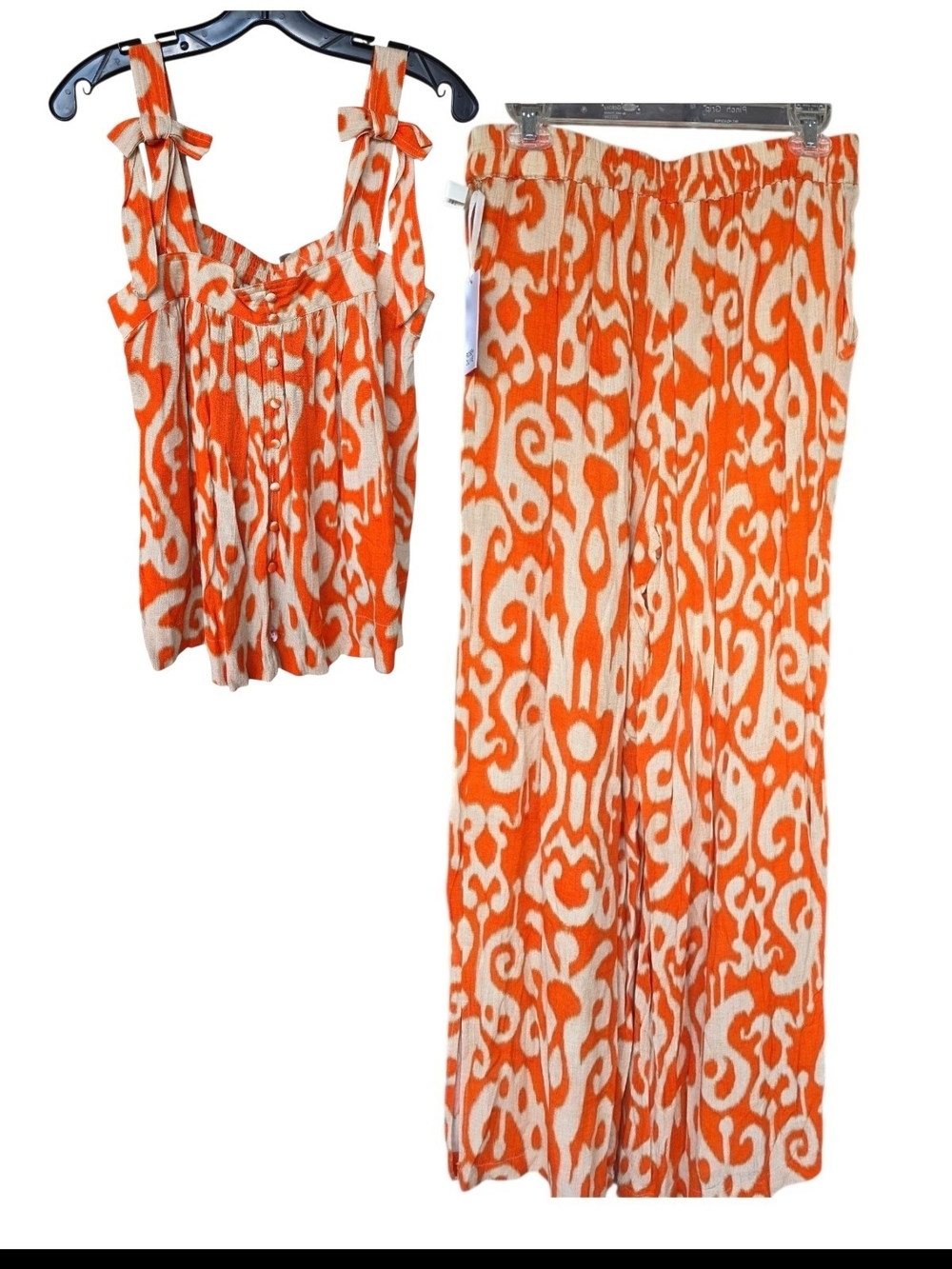 Rose & OliveOrange & Cream Two-Piece Set Sleeveless Top & Wide Leg Pants Small